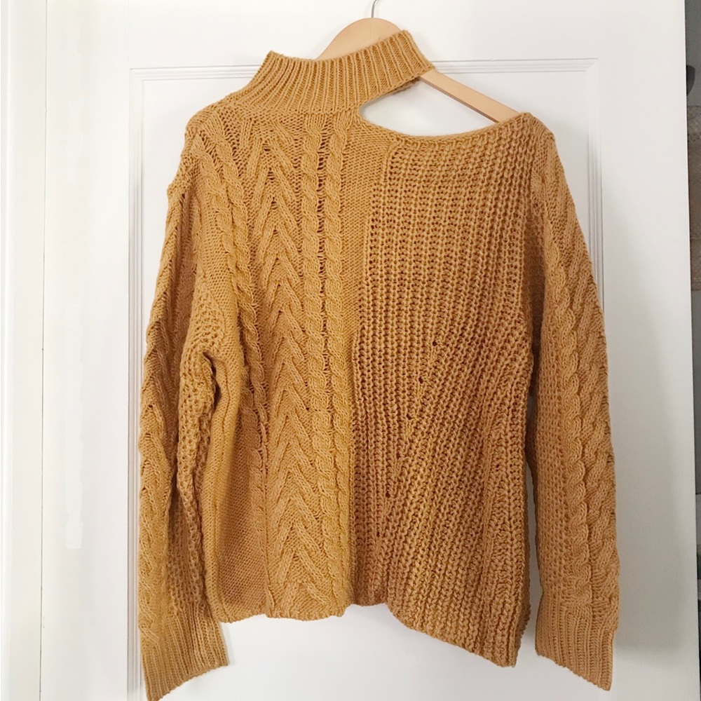 Peach Love Turtleneck Off the Shoulder Sweater Cable Knit